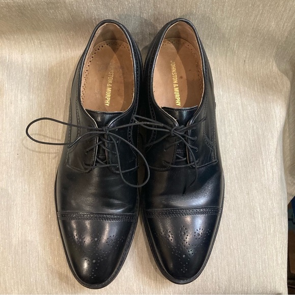 JOHNSTON & MURPHY Sz 10 Lace Up Oxford Wingtip Leather Dress Shoes - Picture 3 of 11